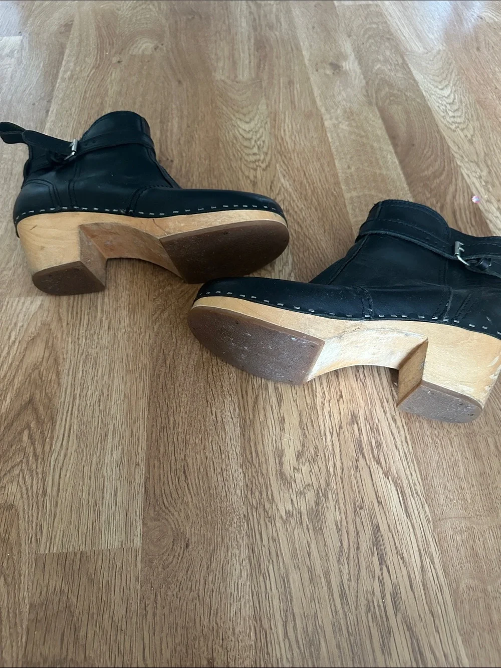 Swedish Hasbeens Black Leather Clog Ankle Boots with Natural Wood Heel